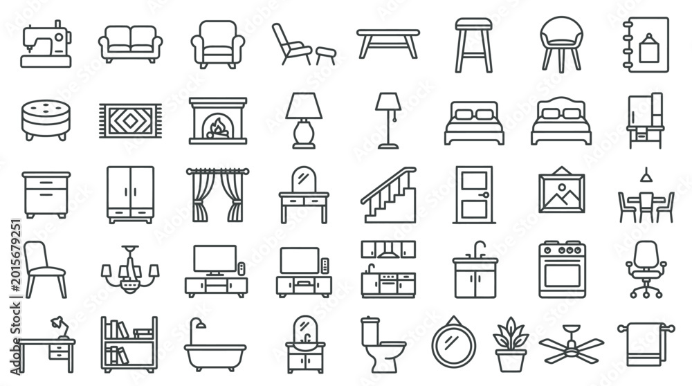 Fototapeta premium Collection of Vector Icons Representing Furniture and Household Interior Elements for Home Improvement and Design