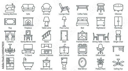 Modern Interior Design Furniture and Household Objects Vector Icon Set for Home Decor and Architecture Projects