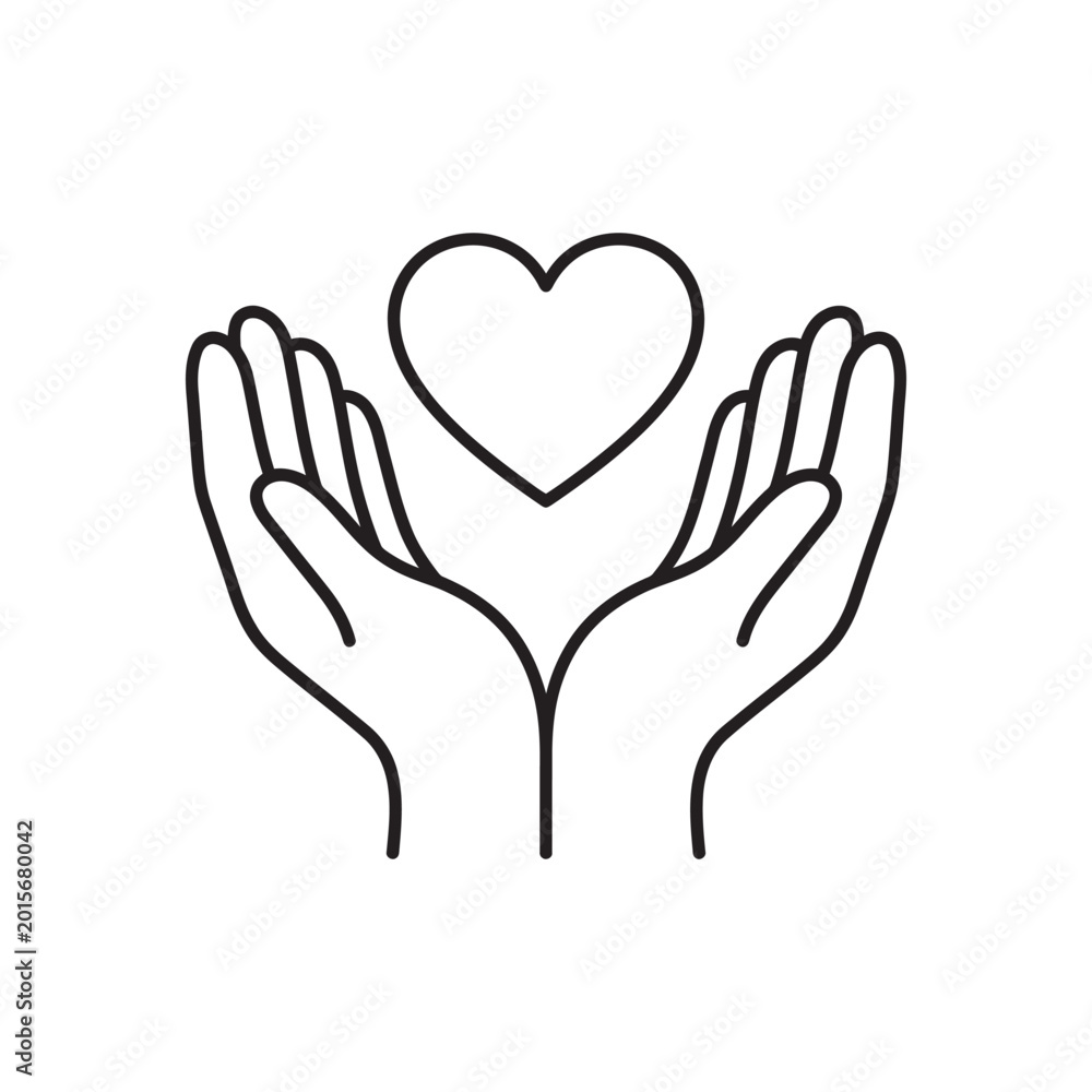 Obraz premium Linear vector icon of two hands holding up a heart, representing love, healthcare, wellness, and emotional support.