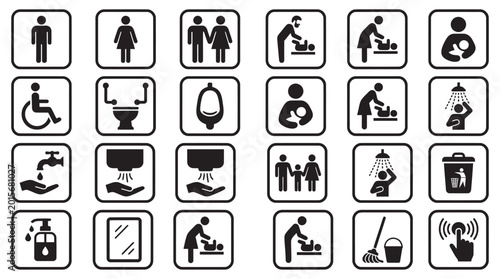 Minimalist Black and White Vector Icon Set for Restroom Facility and Public Service Signage