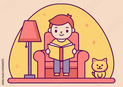 A young boy with reddish-brown hair sits in a large pink armchair reading a yellow book beside a small orange cat and a tall floor lamp.