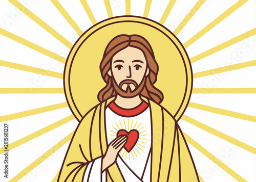 A religious illustration depicts Jesus Christ with a glowing yellow halo and radiating sunbeams while displaying a sacred red heart on a white robe.