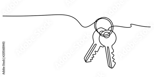 Continuous one line drawing of two door keys on a ring isolated on white background, Vector