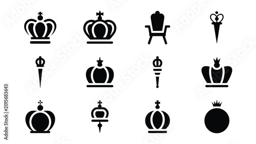 Foto Vector illustration of various crown and royal symbols on white background