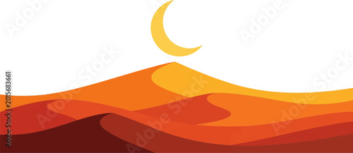 Tableau sur toile Bright crescent moon shining over orange desert sand dunes vector can Editable
