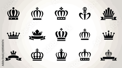 Tableau sur toile Collection of elegant royal crowns and regal symbols in black on light gray back