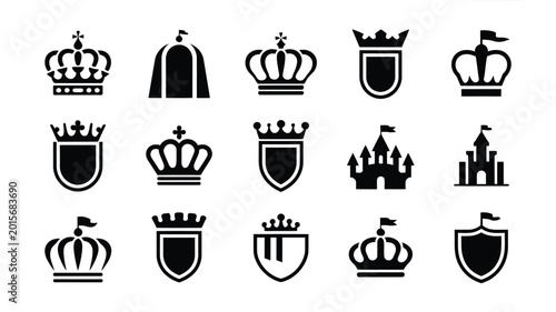 Fotografie Collection of royal crest and crown icons in black on white background for luxur