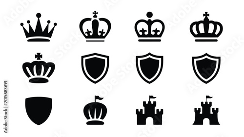 Fotografia Collection of royal crowns shields and castles in black vector icons on white ba