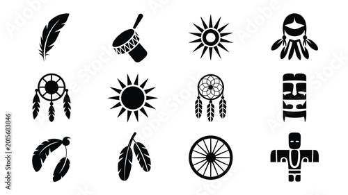Obraz na płótnie Collection of 12 minimalist logo silhouettes featuring native american symbols a