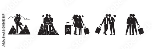 Schilderij op canvas Romantic couples silhouettes traveling near mountain peaks.