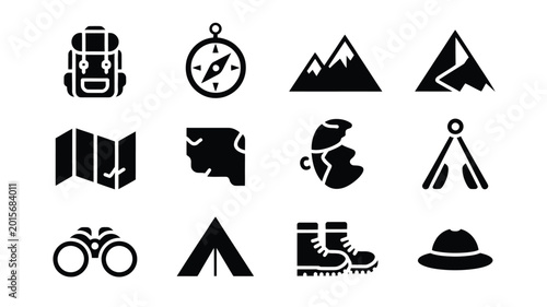 Minimalist black silhouettes of hiking and camping icons on white background