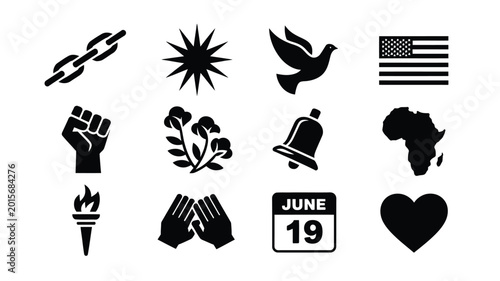 Juneteenth celebration icons set black silhouettes on white background freedom and unity symbols