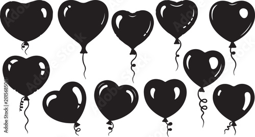 Black heart balloons vector set, 11 romantic silhouette balloon icons with strings, decorative love symbols for wedding and valentines day design