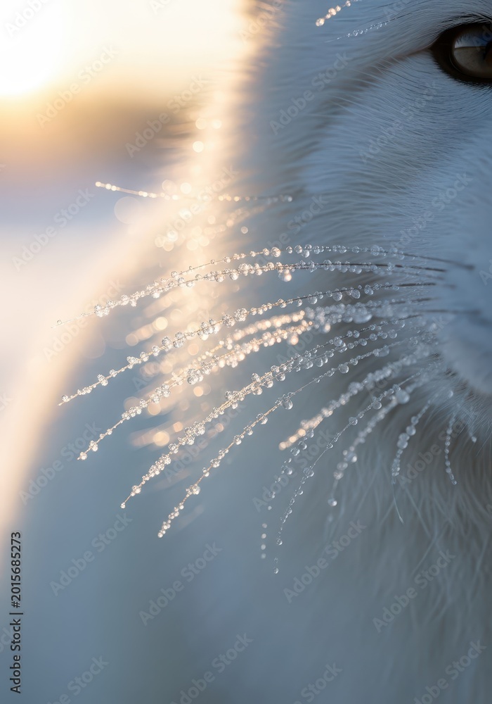 Naklejka premium Close-up of Frozen Whiskers on a White Cat in the Golden Morning Light