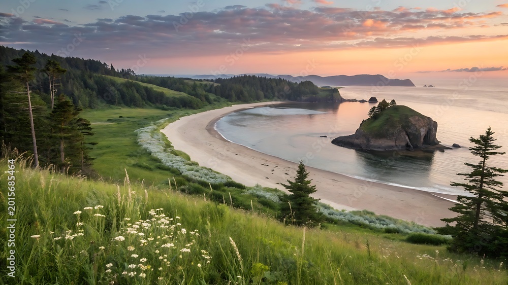 Fototapeta premium Coastal landscape with a sandy beach lush greenery and a vibrant sunset