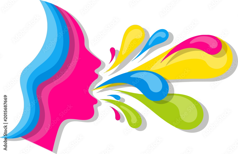 Obraz premium Abstract profile of woman speaking with colorful shapes from mouth vector can Editable