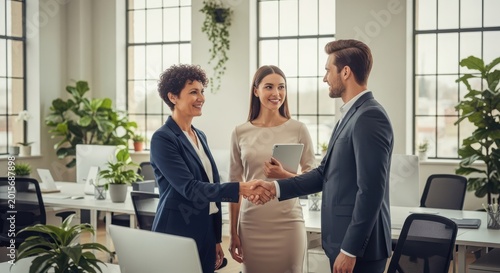 Business professionals shaking hands in modern office with large windows