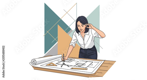 Architect Female Drawing Blueprint Plan on Table, Design Project
