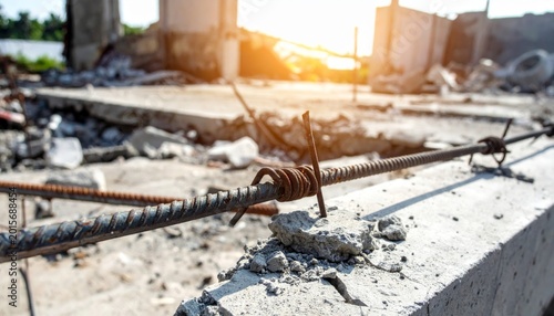 Twisted Rebar Juts From Concrete Slab in Construction Debris