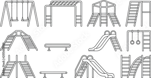 Bild auf Leinwand Playground equipment icon vector set, park and outdoor play structure line art s
