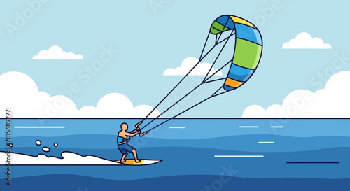 Bild auf Leinwand Kiteboarding action illustration: man riding a surfboard pulled by a colorful kite over blue ocean waves