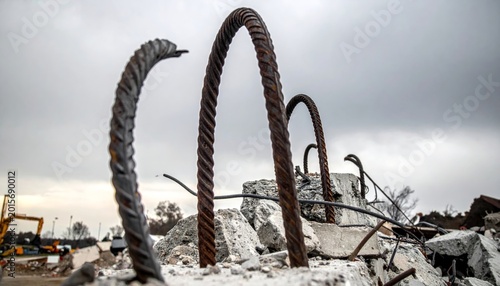 Twisted Rebar Protruding From Concrete Debris