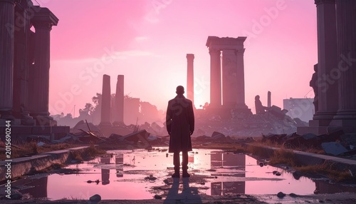 Figure Standing Before Dawn Ruins