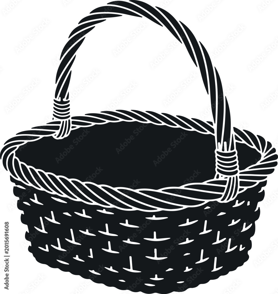 Fototapeta premium Empty woven basket with a handle, ideal for storage or decorative purposes.
