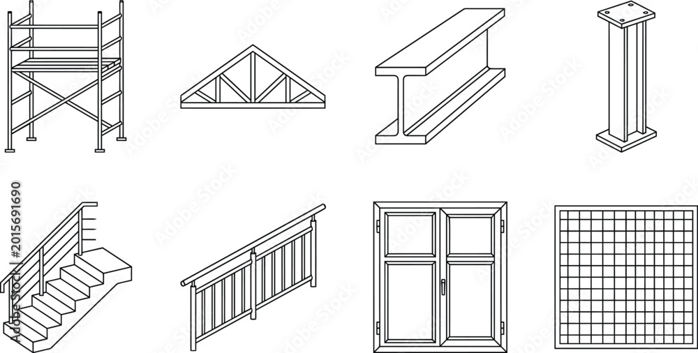 Fototapeta premium Isometric architectural CAD vector set, construction structure elements line art including scaffolding, beams, trusses, stairs, columns, railings and frames for engineering blueprint and technicals