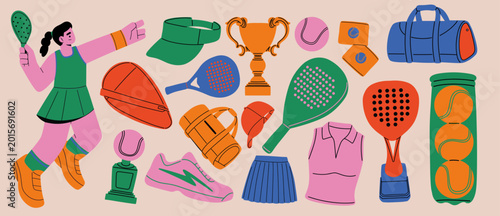 Colorful retro flat illustration set of padel and tennis sports equipment with female player character. design for fitness, recreation, tournament, and active lifestyle themes.