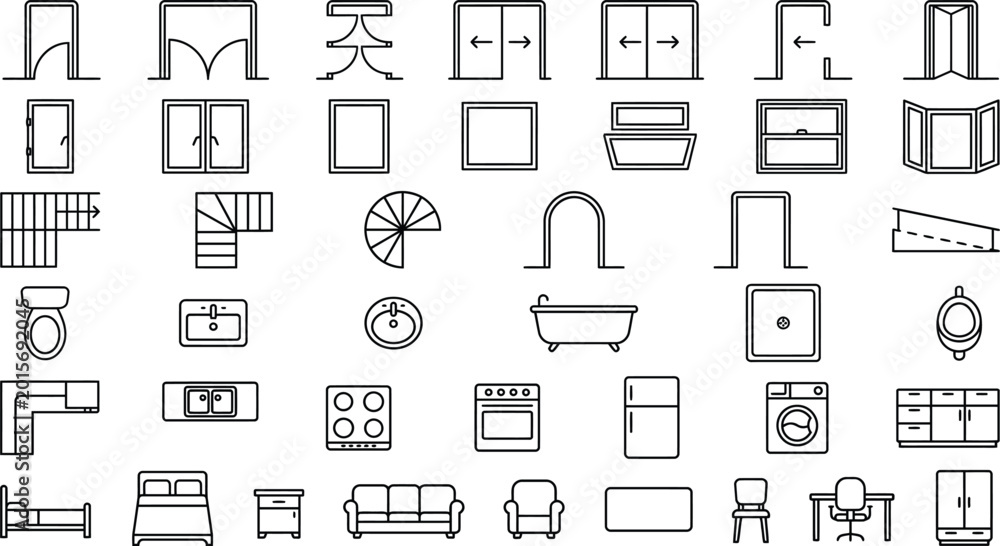 Fototapeta premium CAD floor plan vector icon set, architectural interior symbols collection with doors, windows, furniture, kitchen and bathroom fixtures, columns and openings for blueprint drafting and constructions