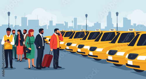 Schilderij op canvas Diverse People Waiting for Yellow Taxis in a City Street with Skyline