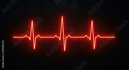 A glowing red electrocardiogram reading appears on a dark background.