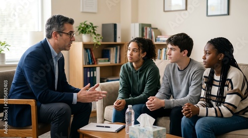 A male therapist in glasses actively engages in a counseling session with three diverse teenagers, providing support and guidance in a comfortable office setting.