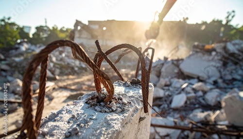 Twisted Rebar Protruding From Demolished Concrete Structure
