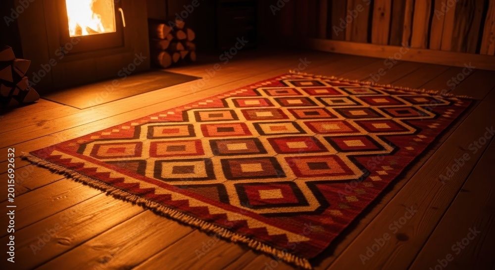 Fototapeta premium Woven Geometric Wool Rug on Warm Wooden Floor
