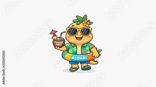 A cute, cartoonish yellow creature wearing sunglasses, a Hawaiian shirt, and swim trunks, holding a coconut drink and a floatie, embodying a summer vacation theme.