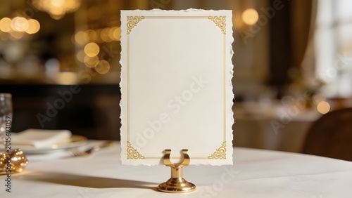 Luxury Blank Wedding Invitation Card Mockup on Golden Holder with Elegant Fine Dining Background © Stella