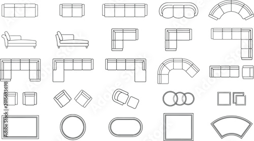 Obraz na płótnie CAD modular sofa vector set, architectural interior floor plan seating blocks wi