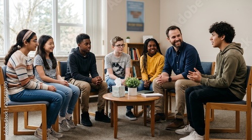 A diverse group of young people and an adult male counselor sitting in a circle, engaged in a supportive discussion or therapy session.