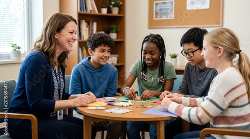 An adult woman and four diverse children happily engaged in a group activity around a table in a bright room, fostering learning and social interaction.