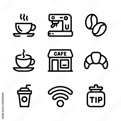 Coffee shop line icon set, 9 cafe vector elements, espresso machine and croissant symbols, minimalist breakfast and cafeteria web graphics