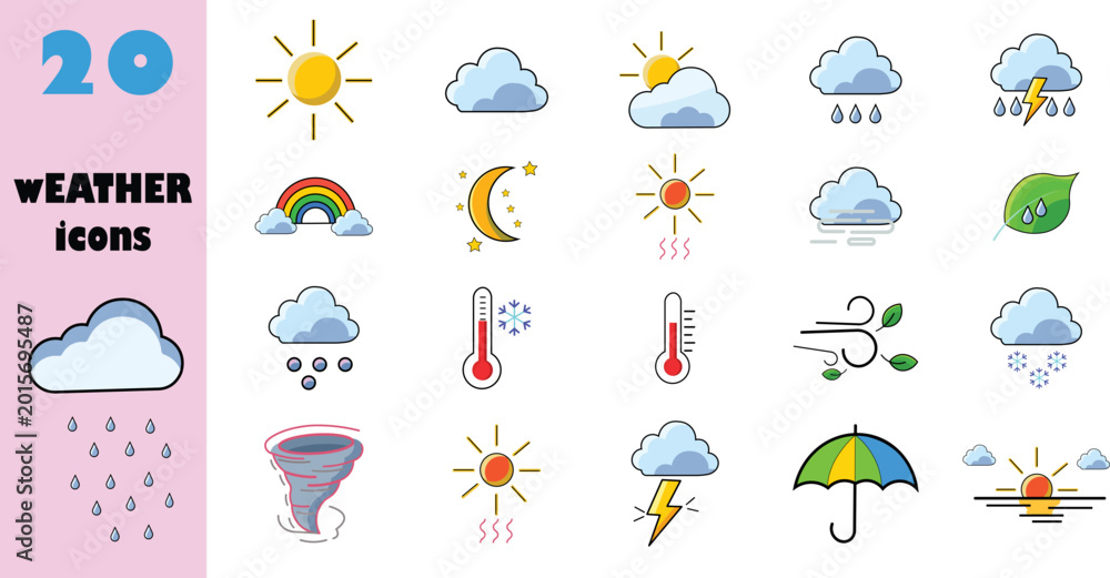 Fototapeta premium Set of sun, cloud, rain, moon, thunderbolt, umbrella, rainbow and other vector icons for weather design and illustration