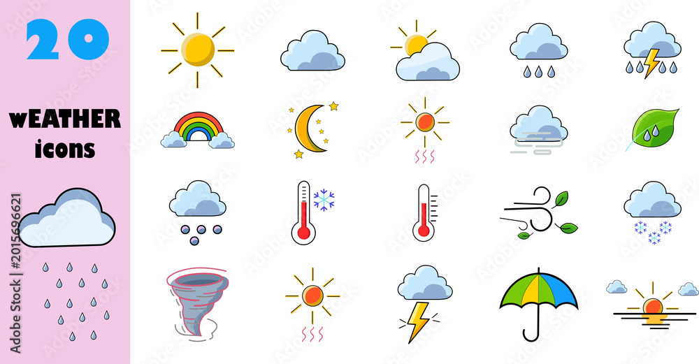 Fototapeta premium Set of sun, cloud, rain, moon, thunderbolt, umbrella, rainbow and other vector icons for weather design and illustration