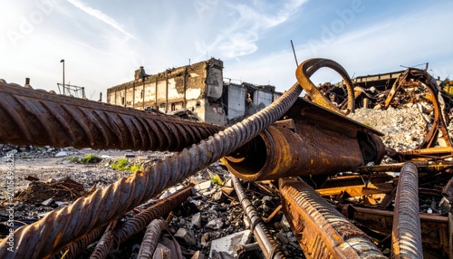 Twisted Rusty Metal Pipes Amidst Urban Rubble and Ruined Building