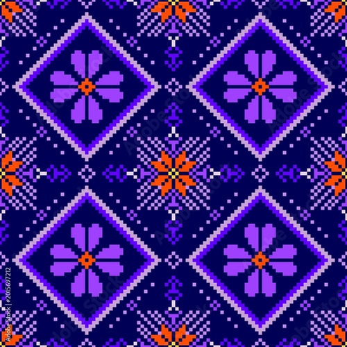 Bild auf Leinwand Geometric Hmong ethnic embroidery seamless pattern pixel art floral tribal textile design, Ideal for fashion prints, home decor, traditional fabric backgrounds, and digital scrapbooking