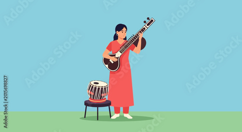 Fotografía Indian woman playing sitar with tabla drum, traditional music performance