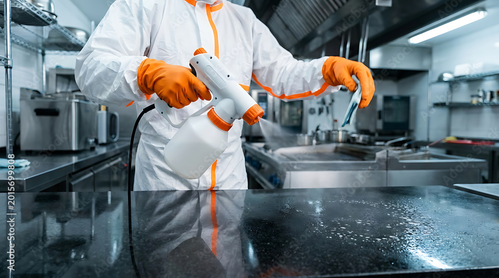Fototapeta premium Professional cleaner in protective hazmat suit disinfecting a commercial kitchen countertop with a spray gun