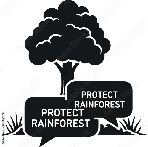 Tableau sur toile Protect rainforest tree silhouette speech bubbles with text message conservation awareness importance of trees for climate health