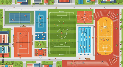 Quadro su tela Aerial View of Sports Complex: Soccer, Tennis, Basketball, Swimming, Running Tra